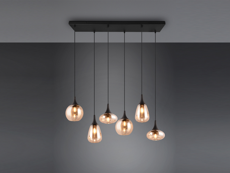 Pendelleuchte LUMINA 6-flammig, Glasschirme amberfarbig, Breite 93cm