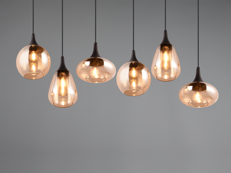 Pendelleuchte LUMINA 6-flammig, Glasschirme amberfarbig, Breite 93cm