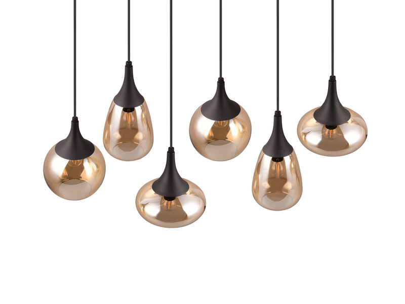 Pendelleuchte LUMINA 6-flammig, Glasschirme amberfarbig, Breite 93cm