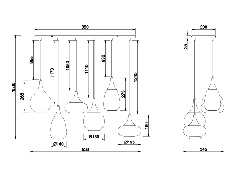 Pendelleuchte LUMINA 6-flammig, Glasschirme amberfarbig, Breite 93cm