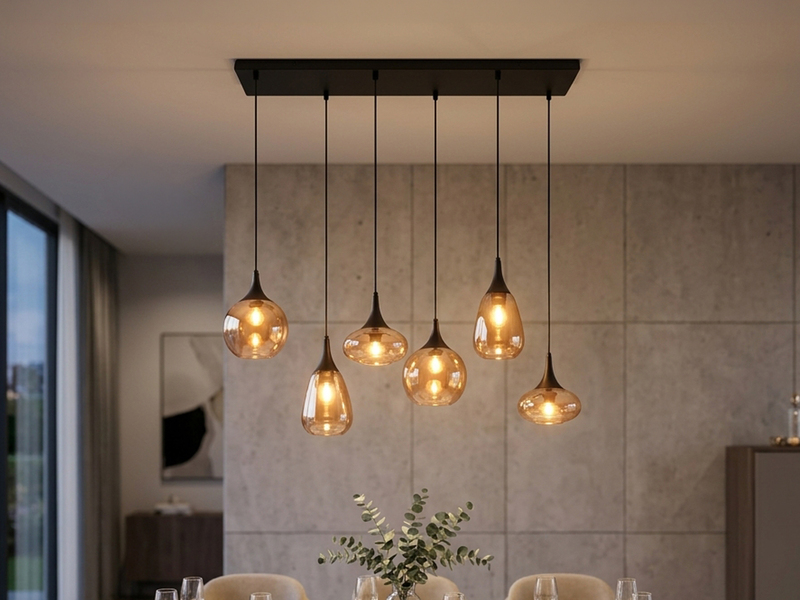 Pendelleuchte LUMINA 6-flammig, Glasschirme amberfarbig, Breite 94cm