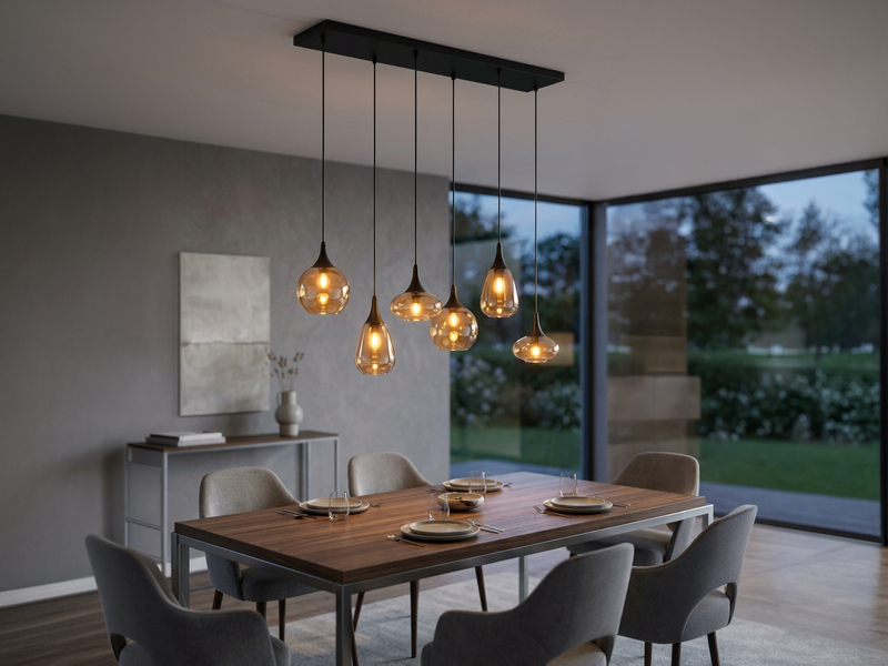 Pendelleuchte LUMINA 6-flammig, Glasschirme amberfarbig, Breite 94cm