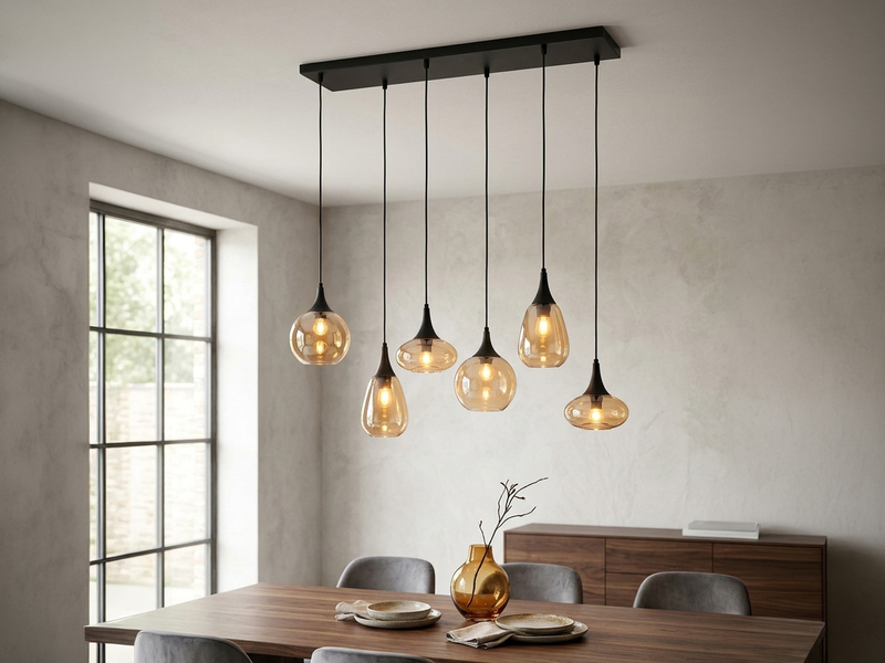 Pendelleuchte LUMINA 6-flammig, Glasschirme amberfarbig, Breite 94cm