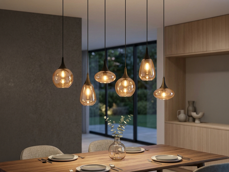Pendelleuchte LUMINA 6-flammig, Glasschirme amberfarbig, Breite 94cm