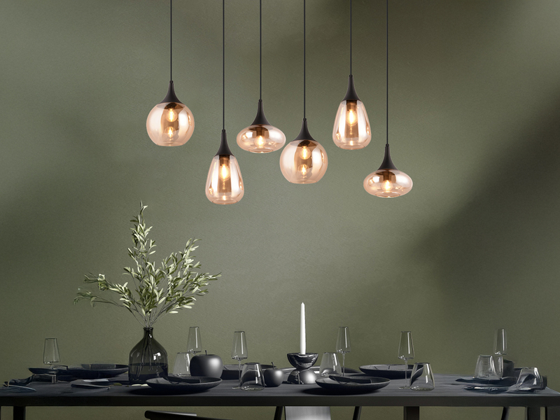 Pendelleuchte LUMINA 6-flammig, Glasschirme amberfarbig, Breite 93cm