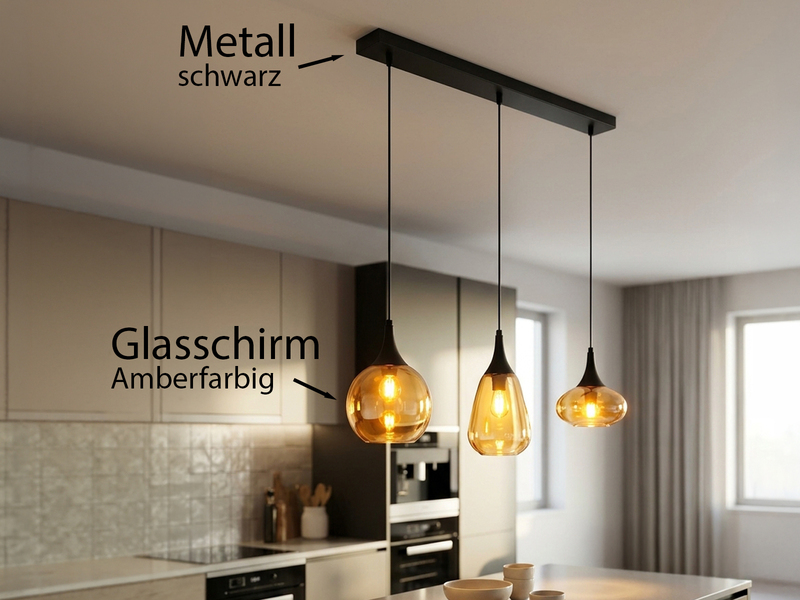 Pendelleuchte LUMINA 3-flammig, Glas Lampenschirme amberfarbig, Breite 69cm