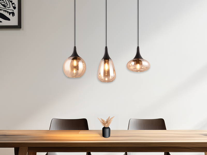 Pendelleuchte LUMINA 3-flammig, Glas Lampenschirme amberfarbig, Breite 70cm