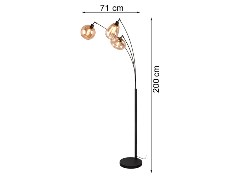 Große Stehlampe LUMINA mit 3 Glas Lampenschirmen amberfarbig, Höhe 200cm