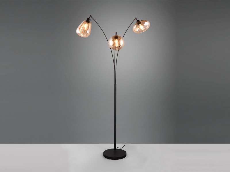 Große Stehlampe LUMINA mit 3 Glas Lampenschirmen amberfarbig, Höhe 200cm