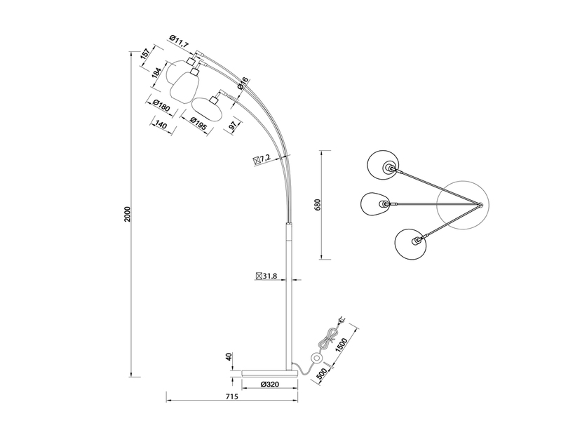 Große Stehlampe LUMINA mit 3 Glas Lampenschirmen amberfarbig, Höhe 200cm