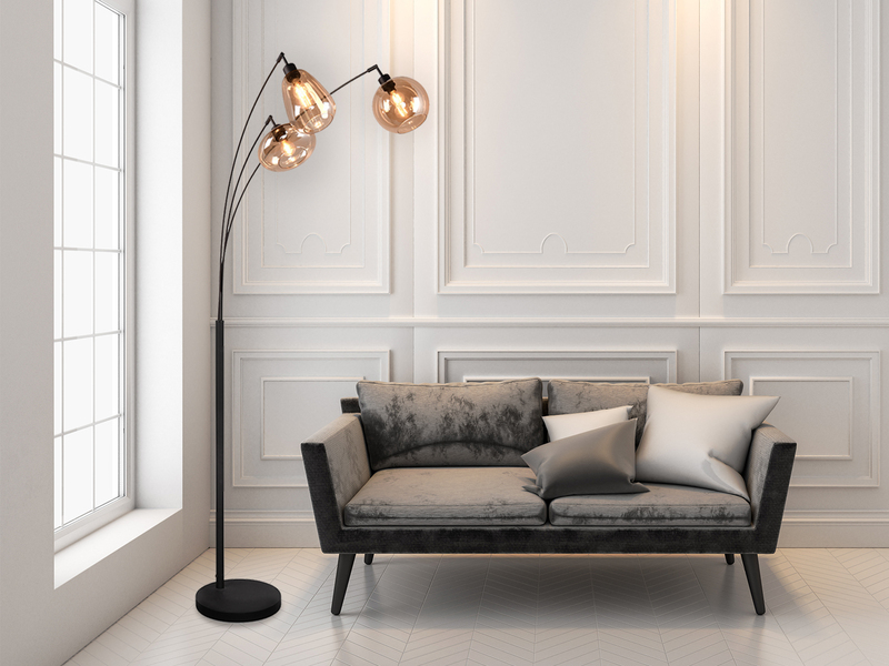 Große Stehlampe LUMINA mit 3 Glas Lampenschirmen amberfarbig, Höhe 200cm