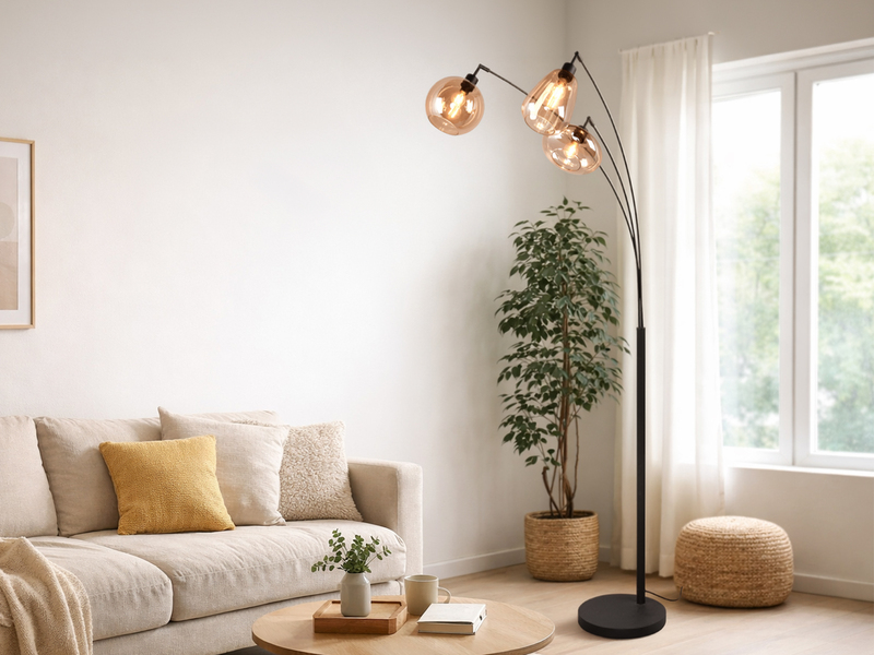 Große Stehlampe LUMINA mit 3 Glas Lampenschirmen amberfarbig, Höhe 200cm