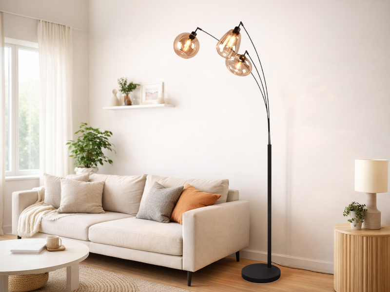 Große Stehlampe LUMINA mit 3 Glas Lampenschirmen amberfarbig, Höhe 200cm
