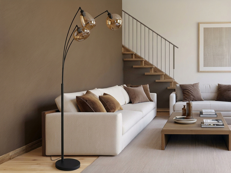 Große Stehlampe LUMINA mit 3 Glas Lampenschirmen amberfarbig, Höhe 200cm