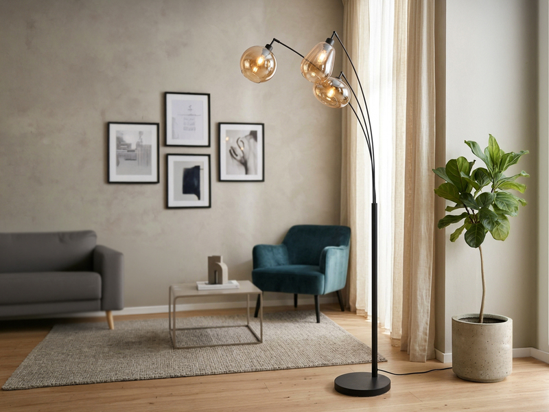 Große Stehlampe LUMINA mit 3 Glas Lampenschirmen amberfarbig, Höhe 200cm