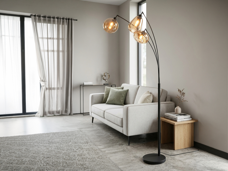 Große Stehlampe LUMINA mit 3 Glas Lampenschirmen amberfarbig, Höhe 200cm