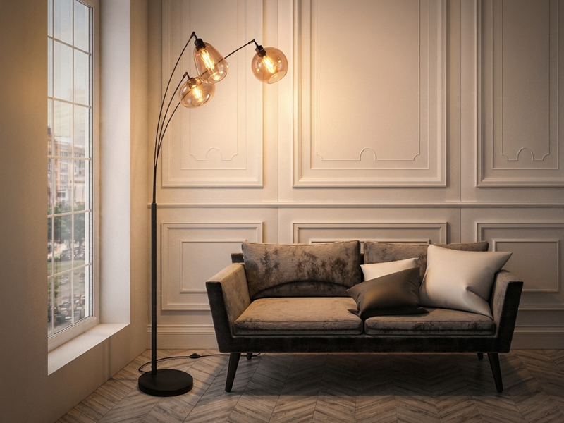 Große Stehlampe LUMINA mit 3 Glas Lampenschirmen amberfarbig, Höhe 200cm
