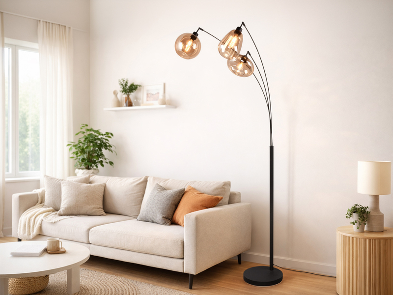 Große Stehlampe LUMINA mit 3 Glas Lampenschirmen amberfarbig, Höhe 200cm