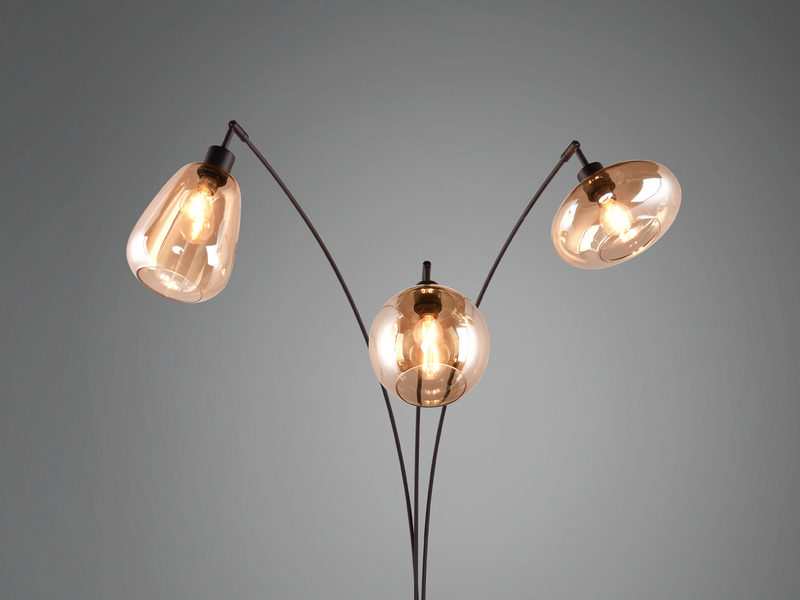 Große Stehlampe LUMINA mit 3 Glas Lampenschirmen amberfarbig, Höhe 200cm