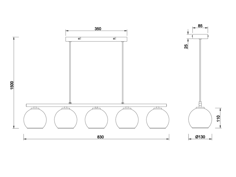 Ausgefallene LED Pendelleuchte mit bunt verspiegelten Glaskugeln, Breite 83cm