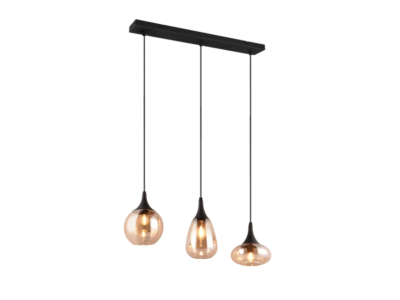 Pendelleuchte 3 flammig Glasschirme Amberfarbig mit E14 LED, Breite 69cm