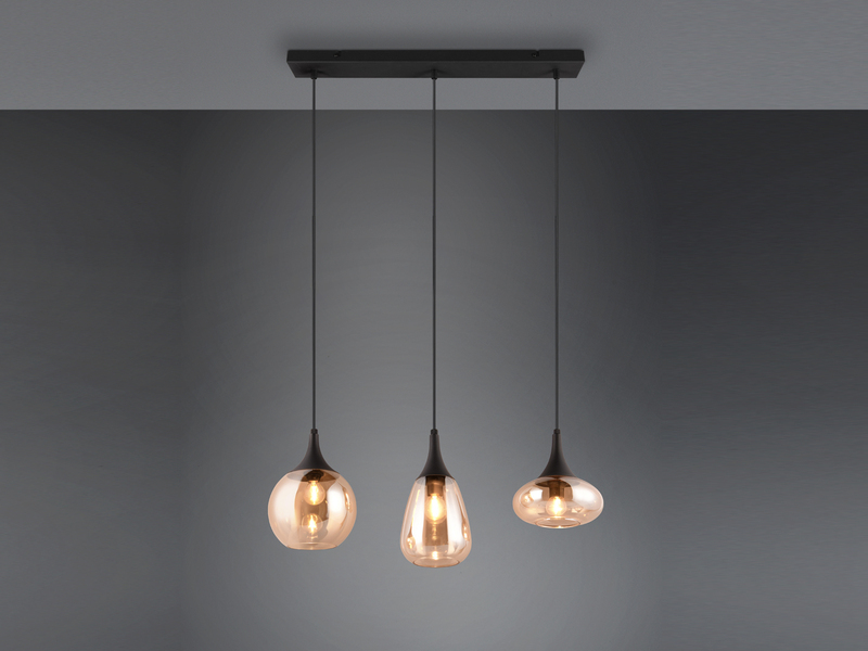 Ausgefallene LED Pendelleuchte 3-flammig, Glas amberfarbig, Breite 70cm
