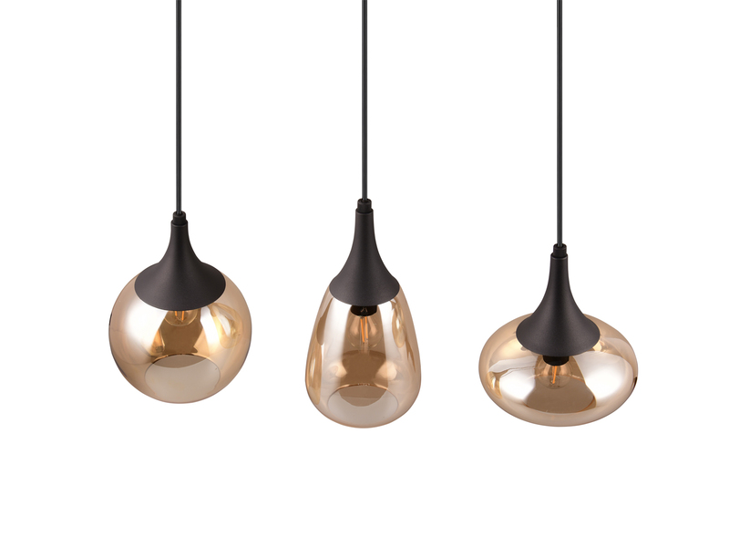 Pendelleuchte 3 flammig Glasschirme Amberfarbig mit E14 LED, Breite 69cm