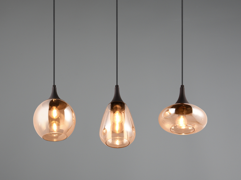 Pendelleuchte 3 flammig Glasschirme Amberfarbig mit E14 LED, Breite 69cm