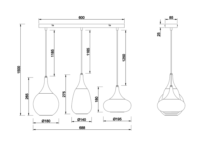 Ausgefallene LED Pendelleuchte 3-flammig, Glas amberfarbig, Breite 70cm