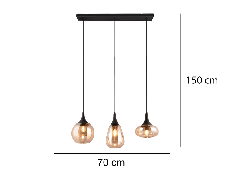 Pendelleuchte 3 flammig Glasschirme Amberfarbig mit E14 LED, Breite 69cm