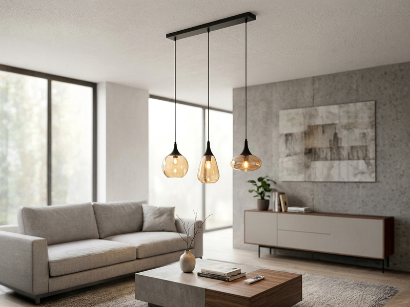 Pendelleuchte 3 flammig Glasschirme Amberfarbig mit E14 LED, Breite 69cm