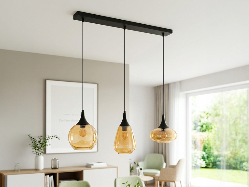 Pendelleuchte 3 flammig Glasschirme Amberfarbig mit E14 LED, Breite 69cm
