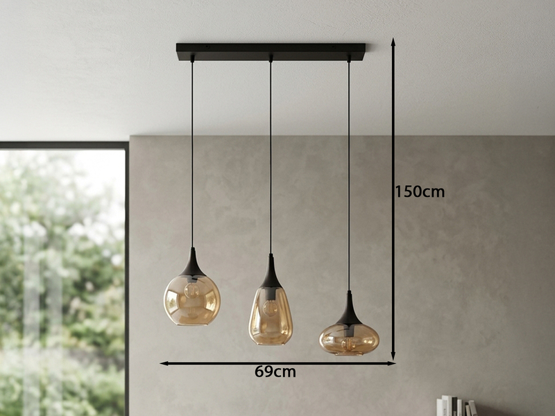 Pendelleuchte 3 flammig Glasschirme Amberfarbig mit E14 LED, Breite 69cm