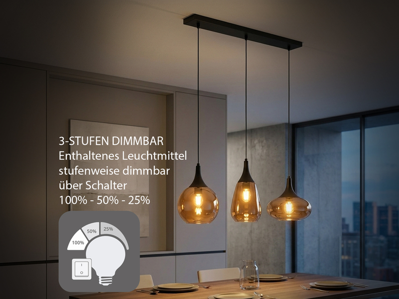 Pendelleuchte 3 flammig Glasschirme Amberfarbig mit E14 LED, Breite 69cm