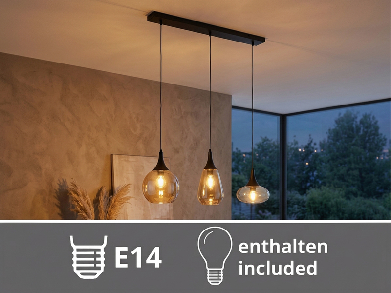 Pendelleuchte 3 flammig Glasschirme Amberfarbig mit E14 LED, Breite 69cm