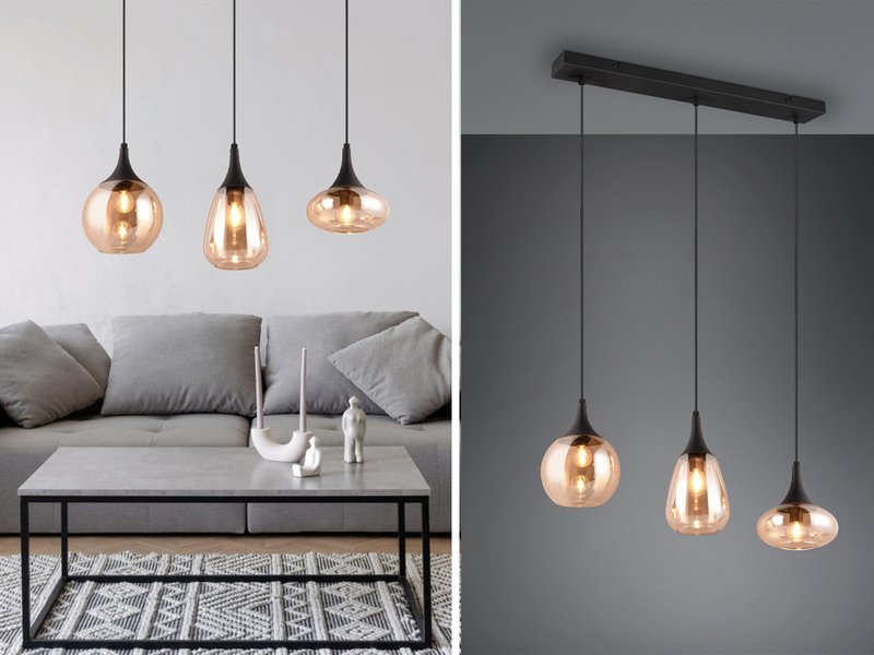 Ausgefallene LED Pendelleuchte 3-flammig, Glas amberfarbig, Breite 70cm