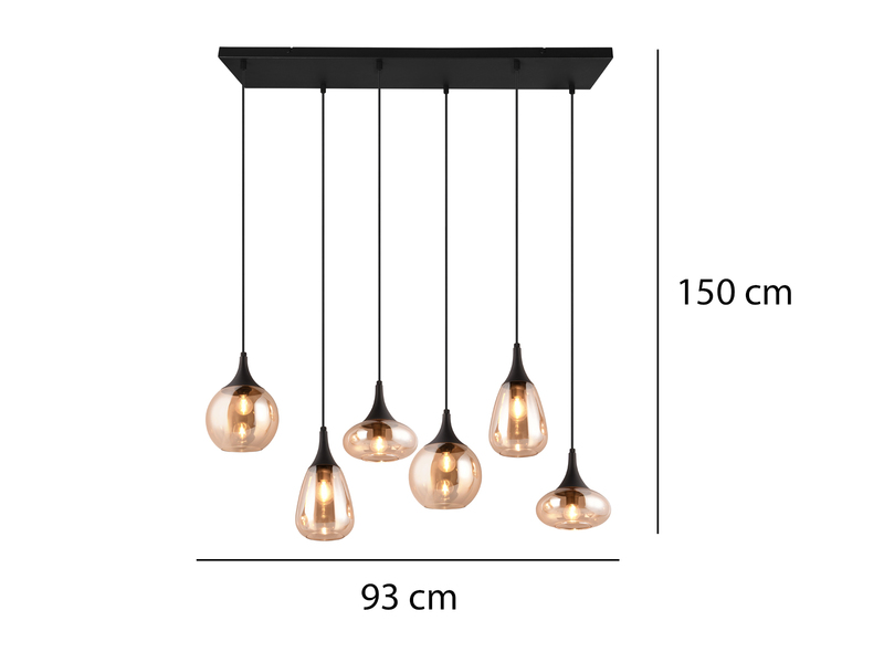 LED Balkenpendelleuchte 6-flammig, Glasschirme amberfarbig, Breite 93cm