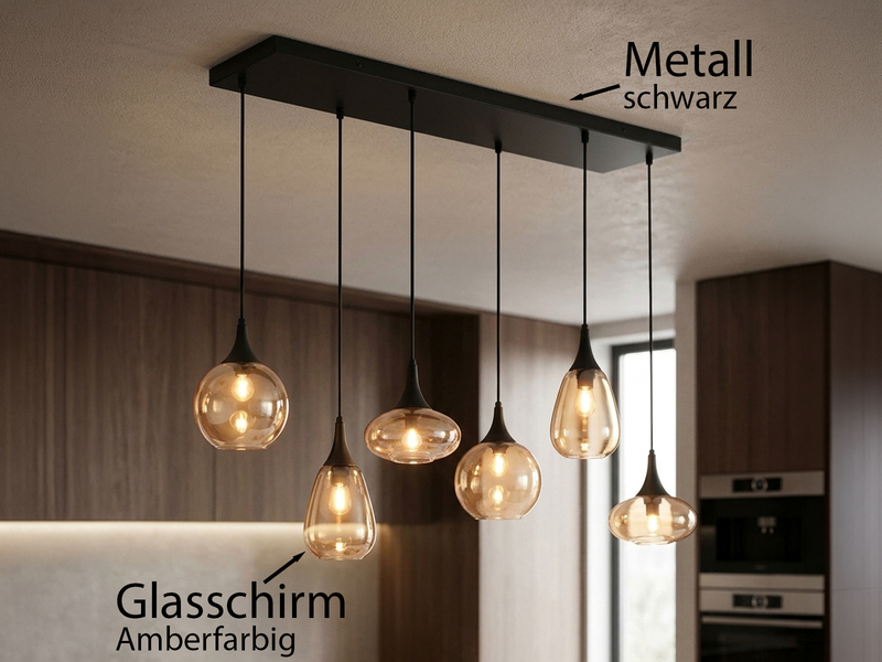LED Balkenpendelleuchte 6-flammig, Glasschirme amberfarbig, Breite 93cm