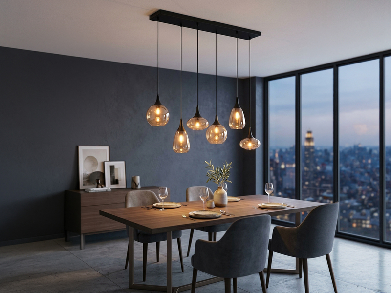 LED Balkenpendelleuchte 6-flammig, Glasschirme amberfarbig, Breite 93cm