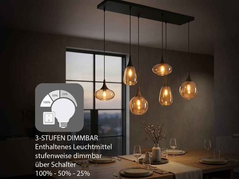 LED Balkenpendelleuchte 6-flammig, Glasschirme amberfarbig, Breite 93cm