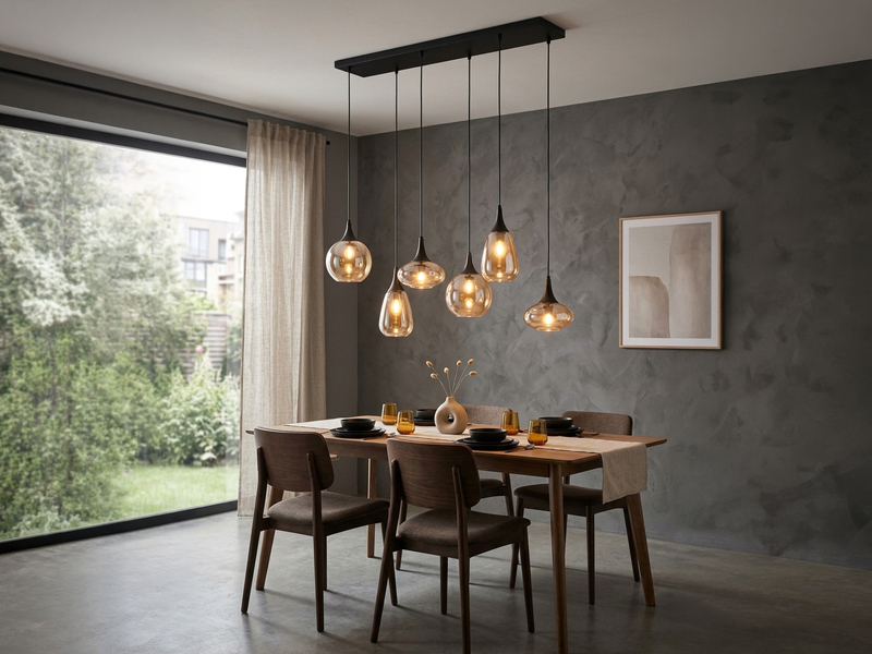 LED Balkenpendelleuchte 6-flammig, Glasschirme amberfarbig, Breite 93cm