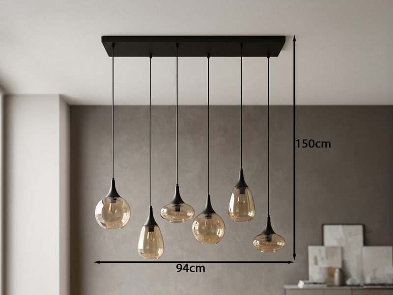 LED Balkenpendelleuchte 6-flammig, Glasschirme amberfarbig, Breite 93cm