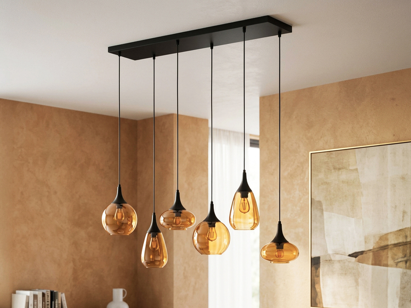 LED Balkenpendelleuchte 6-flammig, Glasschirme amberfarbig, Breite 93cm
