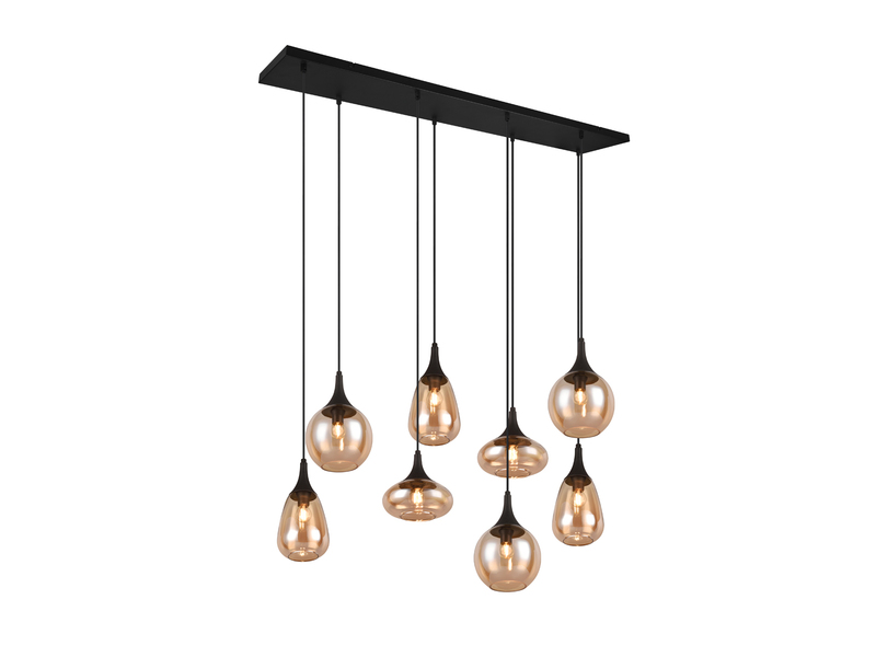 Pendelleuchte 8-flammig Glasschirme Amberfarbig mit E14 LED, Breite 121cm