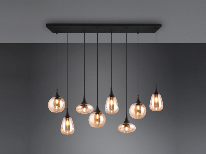 Pendelleuchte 8-flammig Glasschirme Amberfarbig mit E14 LED, Breite 121cm
