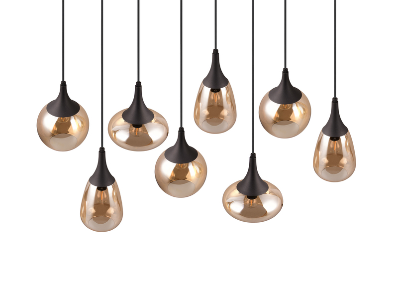 Pendelleuchte 8-flammig Glasschirme Amberfarbig mit E14 LED, Breite 121cm