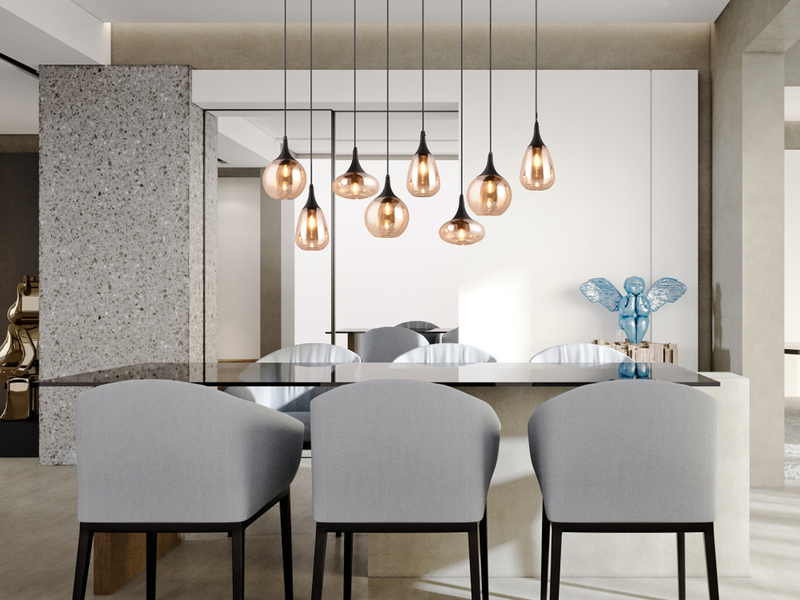 LED Pendelleuchte 8-flammig groß mit Glas amberfarbig, Breite 121cm