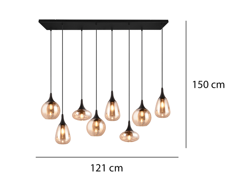 Pendelleuchte 8-flammig Glasschirme Amberfarbig mit E14 LED, Breite 121cm