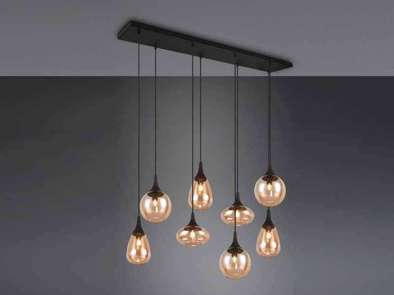 Pendelleuchte 8-flammig Glasschirme Amberfarbig mit E14 LED, Breite 121cm