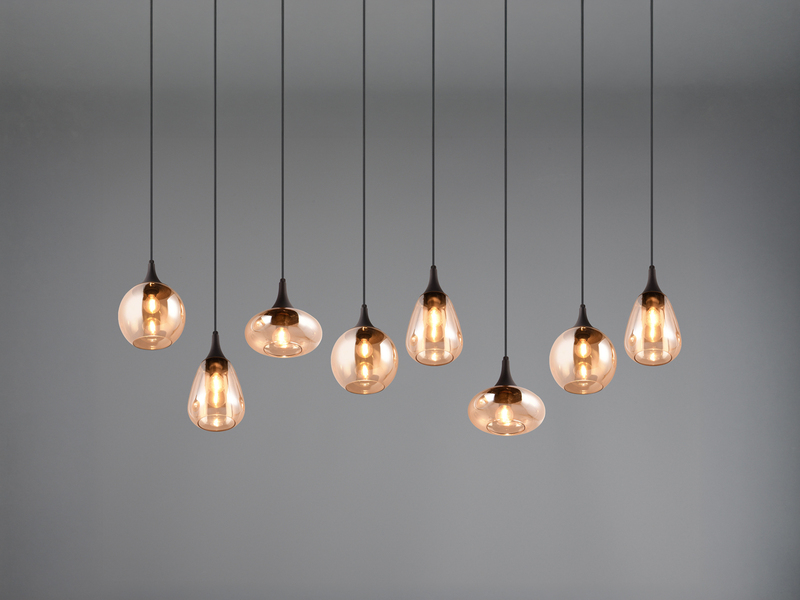 Pendelleuchte 8-flammig Glasschirme Amberfarbig mit E14 LED, Breite 121cm